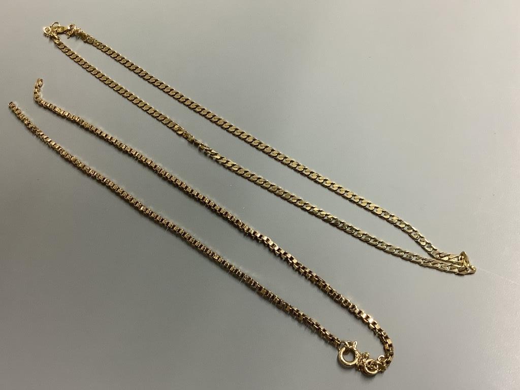Two 9ct gold chain necklaces, 22.4g (one broken)
